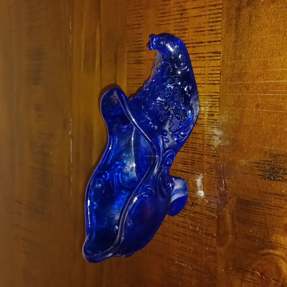 Vintage Mosser Victorian Rose Cobalt Blue Glass Shoe Slipper Upturned Toe